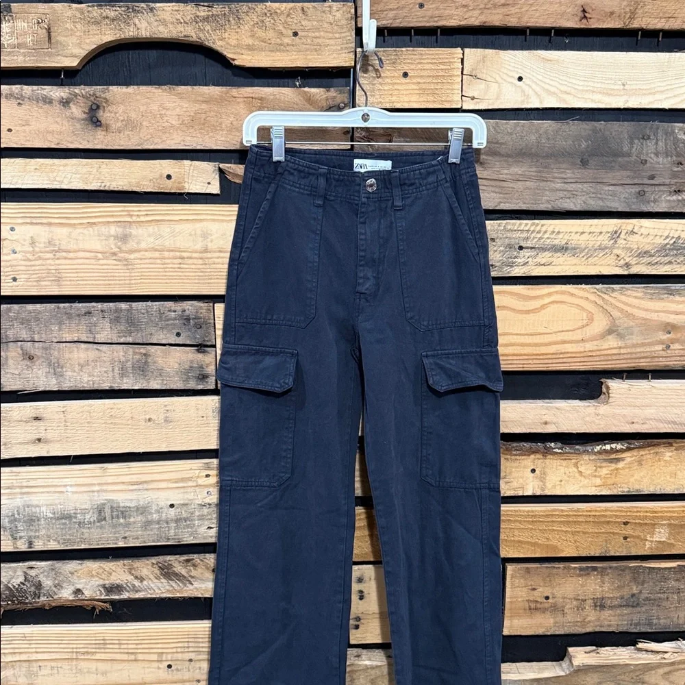 Zara High Rise Wide Leg Cargo Pants In Charcoal Gray Size‎ 0 - Picture 2 of 8